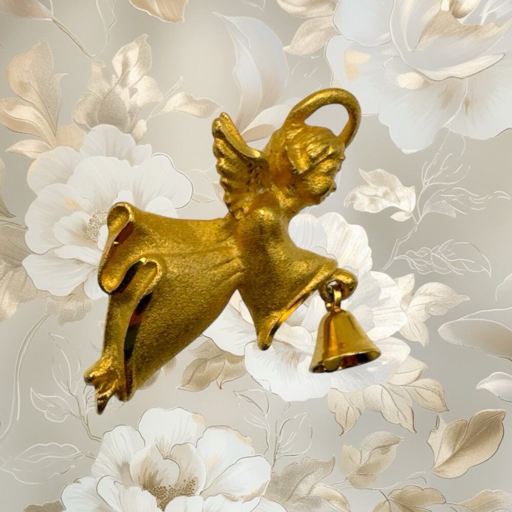 Vintage Angel Pin Brooch Bell Signed USA Rr Robyn Rush Textured Goldtone
